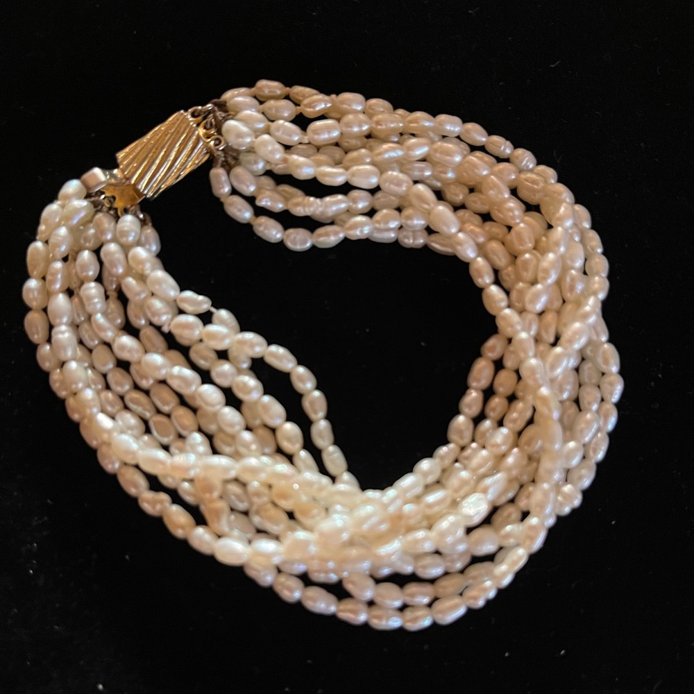 Vintage 10-Strand Freshwater Rice Pearl Bracelet | Gold Tone Textured Clasp